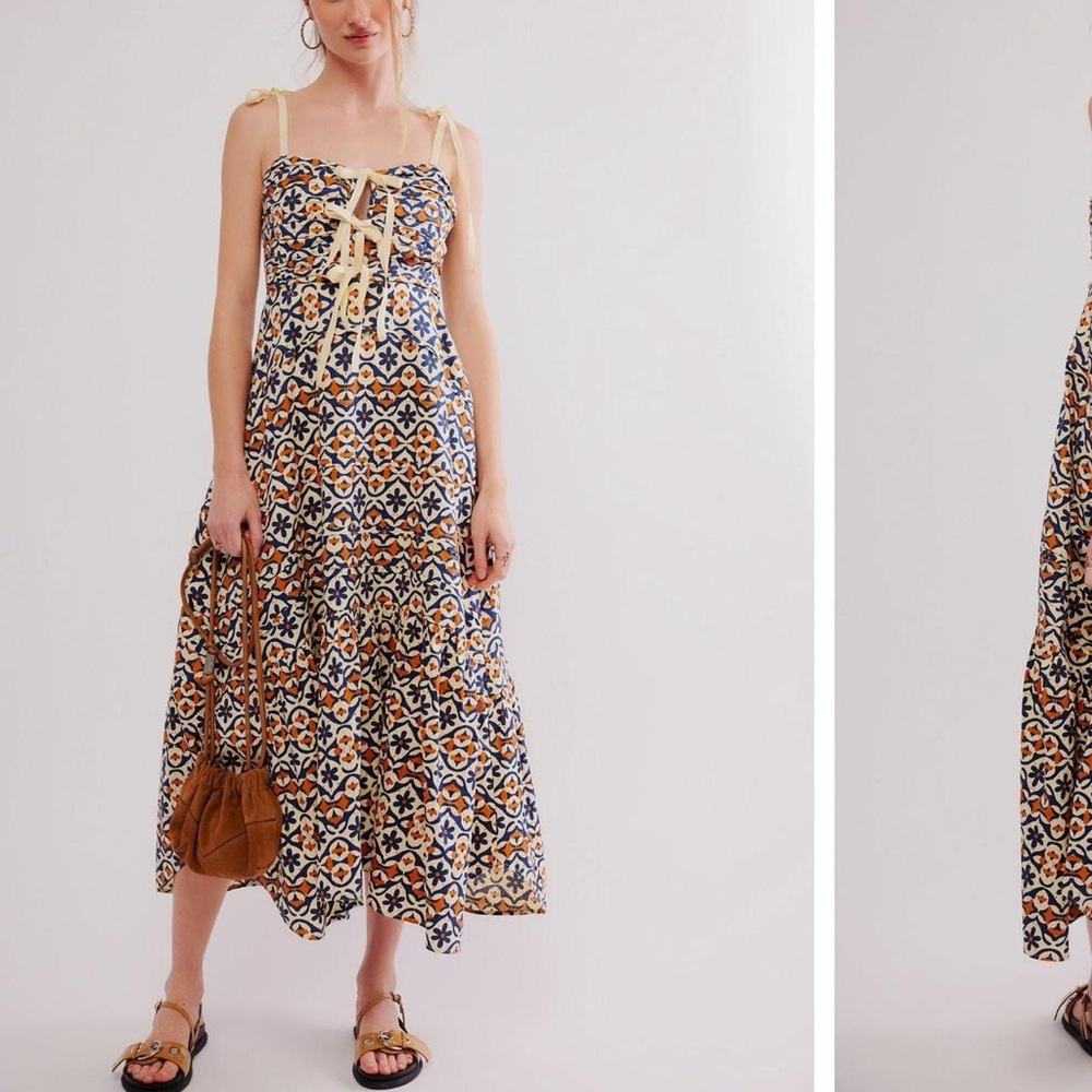 Elegant Blue and Cream Patterned Dress